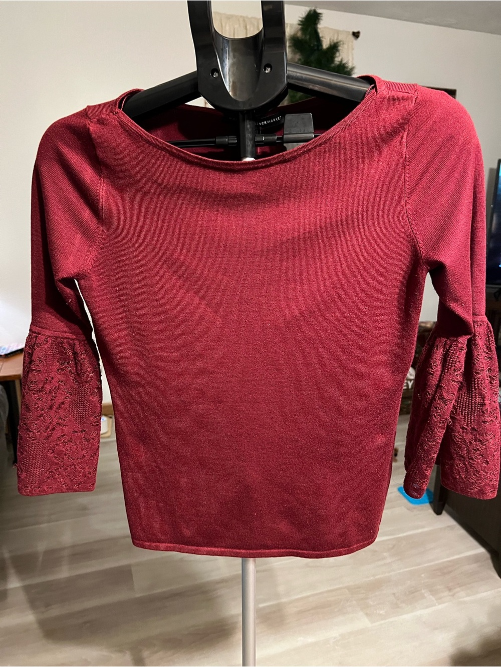 White House Black Market Burgundy Lace Bell-Sleeve Top
